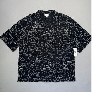 Mode of One Relaxed  Embroidered Button-Down Poplin Camp Shirt Deep Black L $50